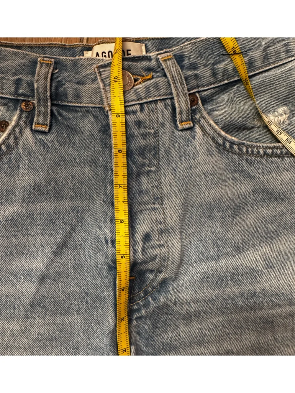 Agolde Parker Long high-Rise Light Blue distressed Denim Shorts